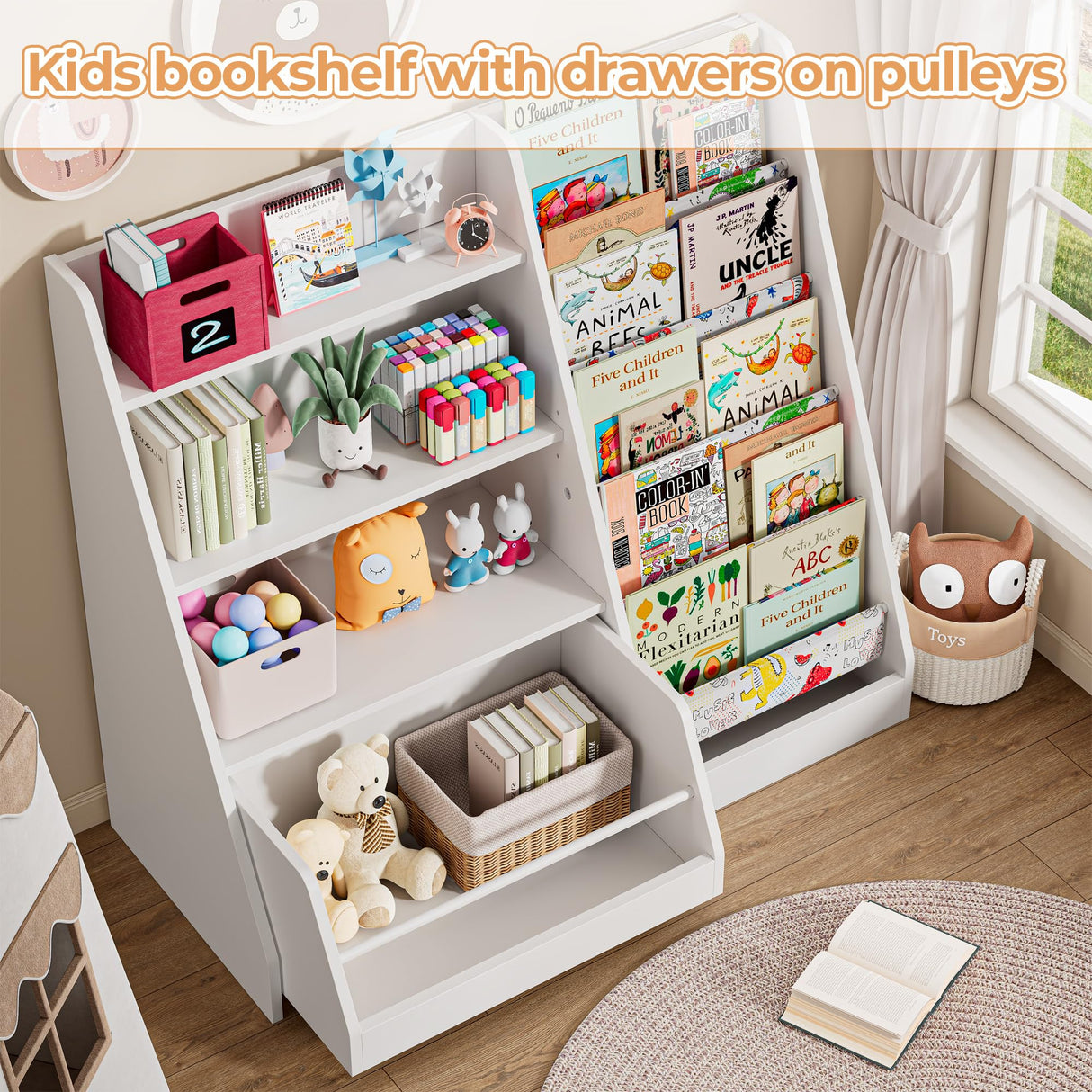IRONCK Kids Bookshelf and Toy Storage, 42" Wide Large Toddler Bookshelf with Movable Drawer and 5 Sling Pockets, Montessori Book Shelf for Kids Rooms-White IRONCK