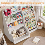 IRONCK Kids Bookshelf and Toy Storage, 42" Wide Large Toddler Bookshelf with Movable Drawer and 5 Sling Pockets, Montessori Book Shelf for Kids Rooms-White IRONCK