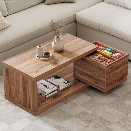 Yechen Modern Coffee Table with Hidden Storage, 1.4" Thick Long Expandable Rotating Coffee Table, Wood Rectangle Cocktail Table for Living Room,Walnut Yechen