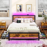 Ailisite Queen Size Bed Frame with 4 Drawers, LED Lights & USB Charging Ports - Rustic Wood Platform Design Ailisite