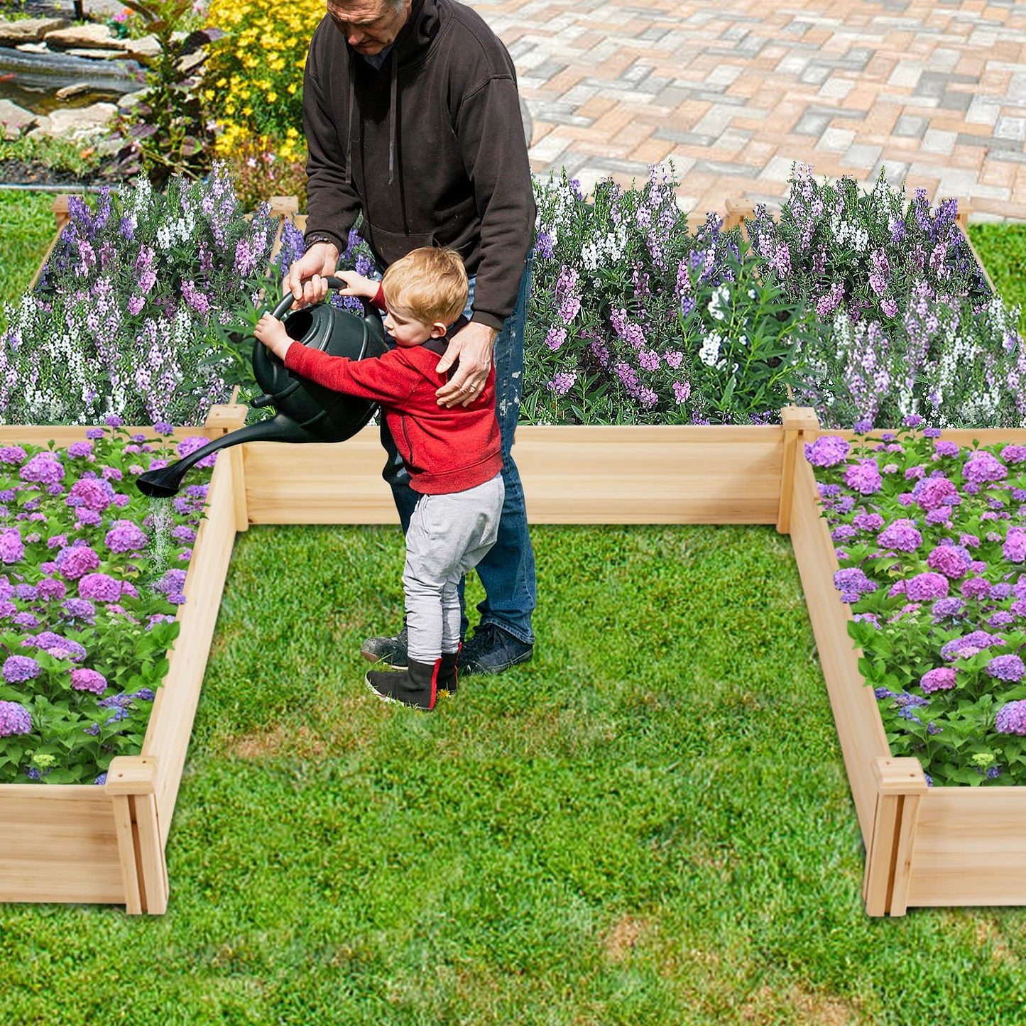 S AFSTAR Wooden Raised Garden Bed, Divisible Planter Box Kit, Outdoor Elevated Flower Planting Raised Bed, Above Ground Planters or Vegetables Grass Lawn Yard Backyard Patio (92.5" L x 95" W x 11" H)