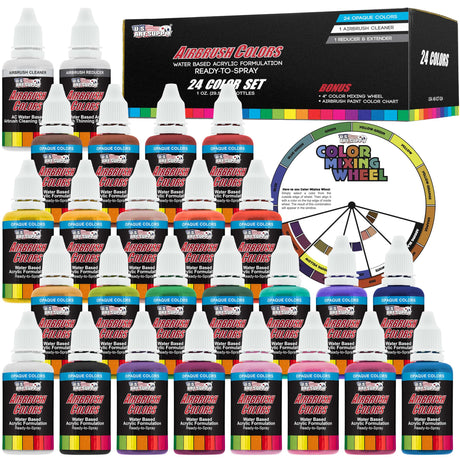 U.S. Art Supply 24 Color Acrylic Airbrush, Leather & Shoe Paint Set Opaque Colors plus Reducer, Cleaner & Color Mixing Wheel U.S. Art Supply