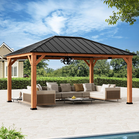 Modern Shade Tranquil Grove Wood Gazebo 12' x 16', Permanent Grill Gazebo with Galvanized Steel Hardtop Roof, Cedar Framed Wooden Pavilion for Garden, Backyard Modern Shade Outdoor Living Spaces