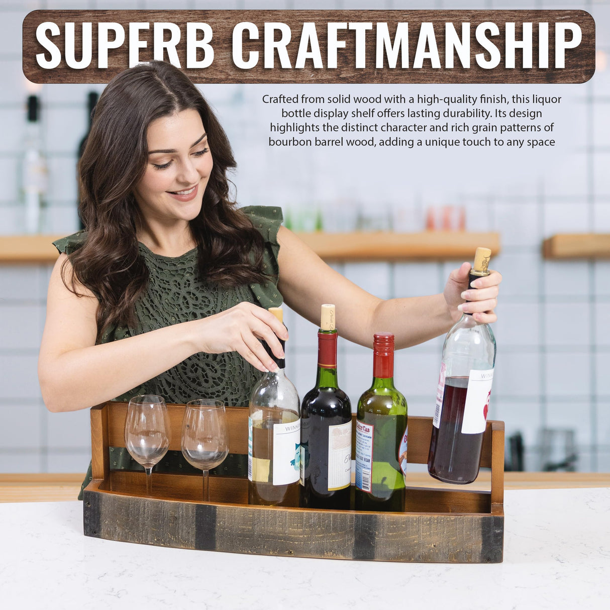 RELODECOR Whiskey & Wine Barrel Shelf - Rustic Wall-Mounted Wooden Rack for Liquor Bottles, Bourbon Display, Space-Saving Home Bar Storage, for Wine & Whiskey Enthusiasts RELODECOR