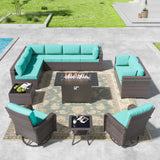 Kullavik 13 Pieces Outdoor Patio Furniture Set with 55000BTU Gas Propane Fire Pit Table,PE Wicker Rattan Sectional Sofa Patio Conversation Sets,Swivel Rocking Chairs Set,Blue Kullavik