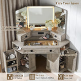 T4TREAM Corner Vanity Desk with Mirror and Lights, Makeup Desk with 3 Way Mirror and Lights, Farmhouse Vanity Table with Charging Station & Glass Top, 48" Vanity Desk with 3 Drawers(Light Rustic Oak) T4TREAM