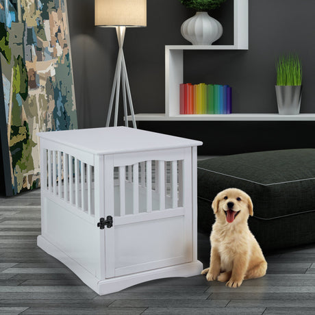 Casual Home Wooden Decorative Indoor Kennel Dog Crate End Table Night Stand Furniture with Lockable Gate for Medium Pets Up to 25 Pounds, White Casual Home