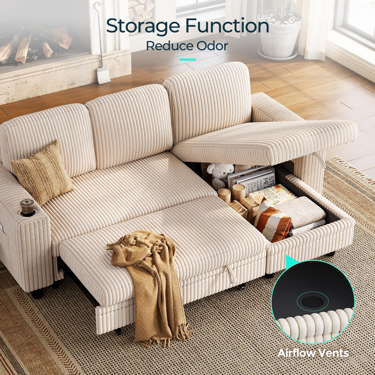 LINSY HOME Sectional Sleeper Sofa with Pull Out Couch Bed - Convertible Plush Corduroy Cloud Couch with Storage Chaise & USB Charging, Comfy L Shaped Modular Couches for Living Room Apartment, Beige LINSY HOME