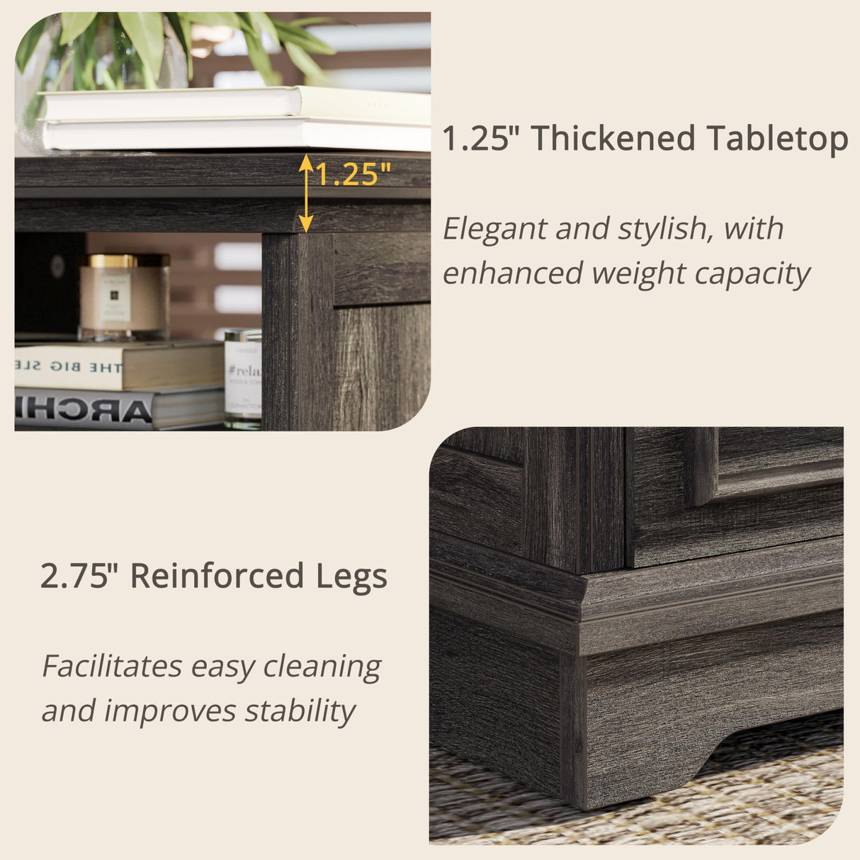 LIKIMIO Farmhouse Nightstand with Storage Drawers and Open Shelf, Small End Tables Living Room, Rustic Wood Side Tables for Bedroom, Roman Column Design, Charcoal Grey LIKIMIO