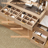 48" Fluted Makeup Vanity Desk with Sliding Mirror and Lights, Wooden Dressing Table with 5 Drawers and Adjustable Shelves,Makeup Vanity Table Modern Glass Top with Charging Station for Bedroom (Oak) TTSITG