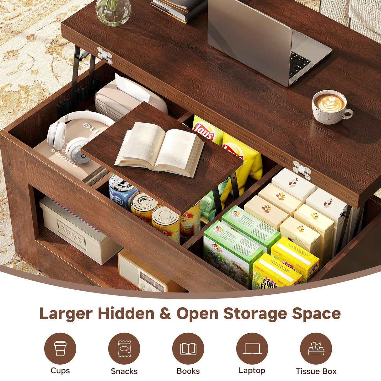 UNIQUITE 40" Lift Top Coffee Table, 4 in 1 Multi-Function Lift Coffee Table with Storage and Hidden Compartment, Convertible Coffee Tables to Dining Table for Living Room, Walnut UNIQUITE