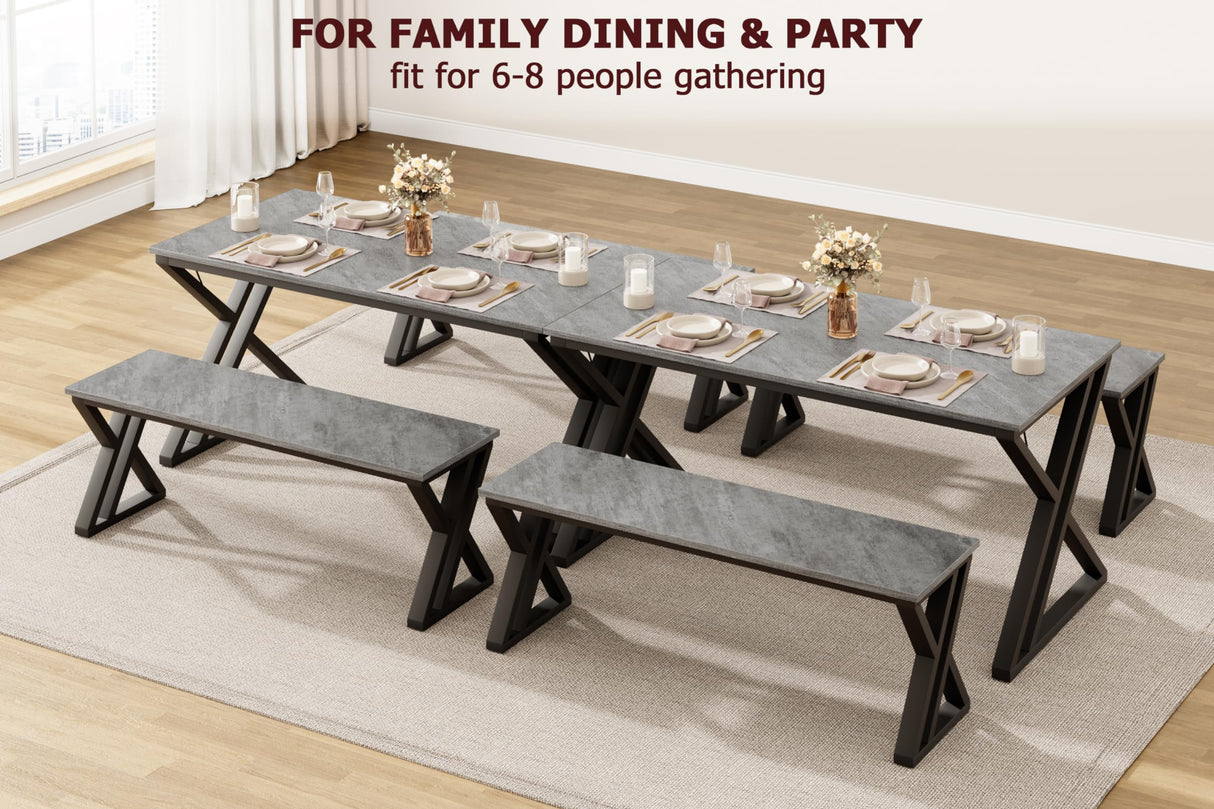 GarveeHome Kitchen Table with 2 Benches, Dining Table Set for 4, Saving Space Dining Room Table Set for Kitchen, Dining Room, Apartment, Sturdy Metal Frame, Grey GarveeHome