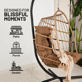SereneLife Hanging Egg Chair with Stand - Up to 550 lbs of Capacity - Beautiful Swinging Basket Chair with Base Made from Wicker Rattan and Powder-Coated Steel Frame - Egg Swing Chair with Stand SereneLife