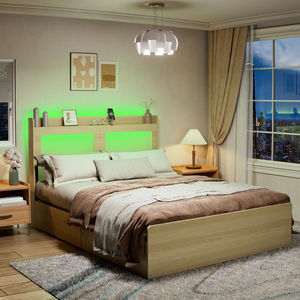 PAKASEPT Queen Bed Frame with Natural Rattan Headboard and Wooden 4 Storage Drawers, Metal Platform Boho Bed Frame, Built in Charging Station & LED, Noise-Free/Metal Support/No Box Spring Needed PAKASEPT