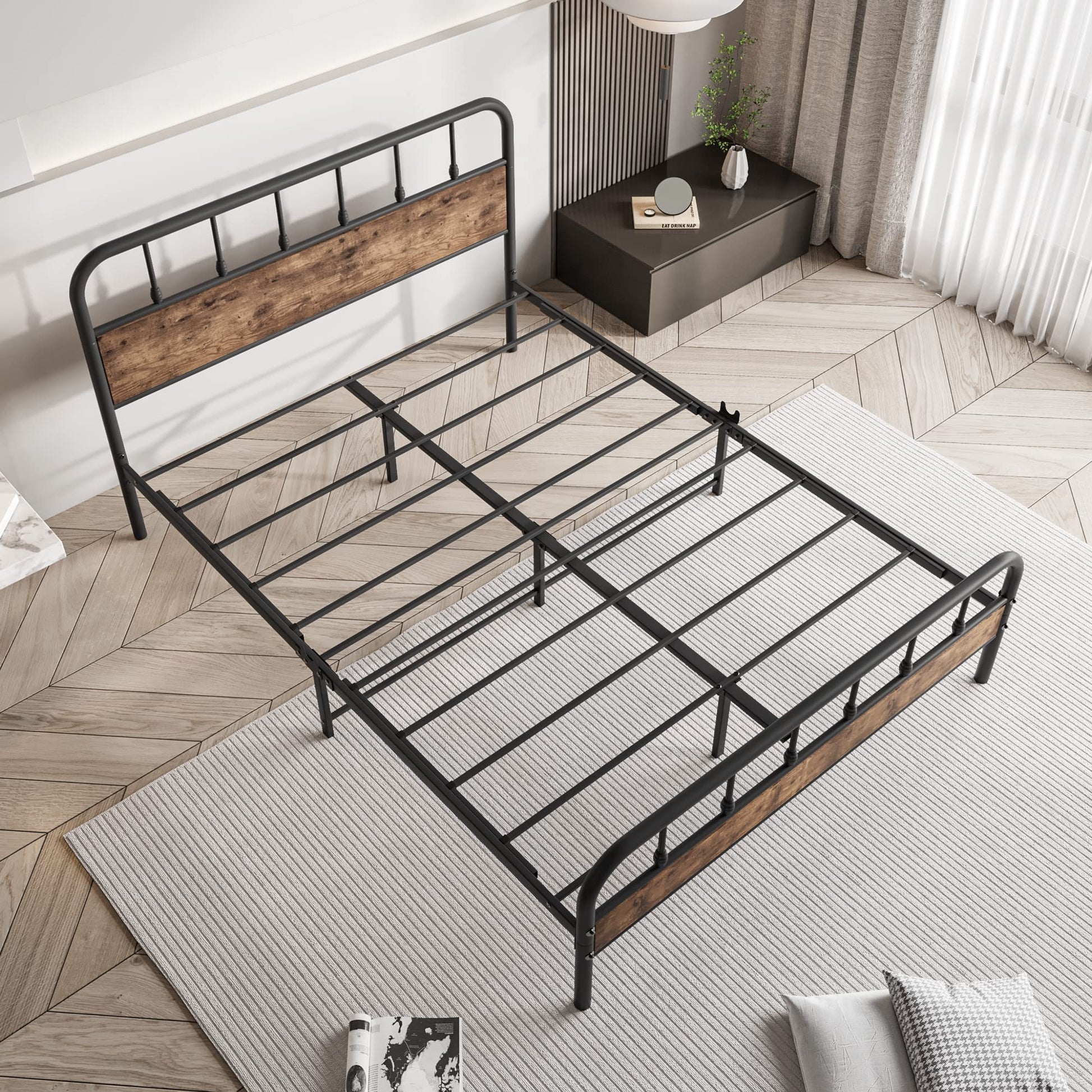 Elegant Home Products Black Queen Bed Frame with Wood Headboard - Sturdy Metal Platform Design, Easy Assembly & No Box Spring Needed - WoodArtSupply