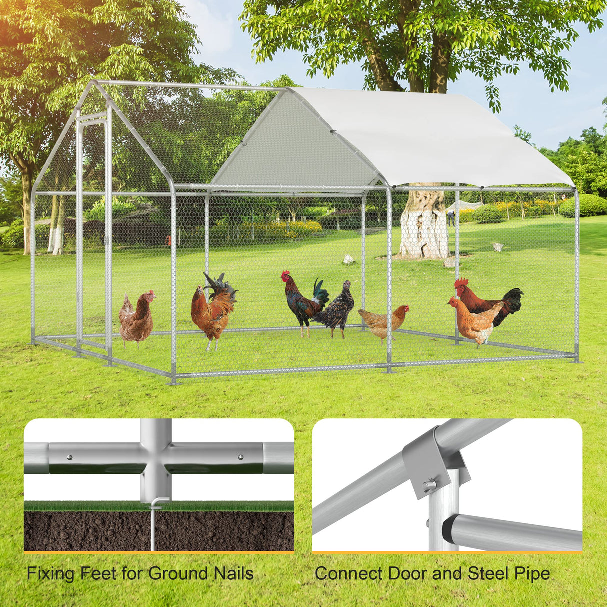 Morngardo Chicken Coop Large Metal Run for 20 Chickens Walk in Yard Poultry Cage Hen House with Waterproof Cover (96.8 Square Feet) Morngardo