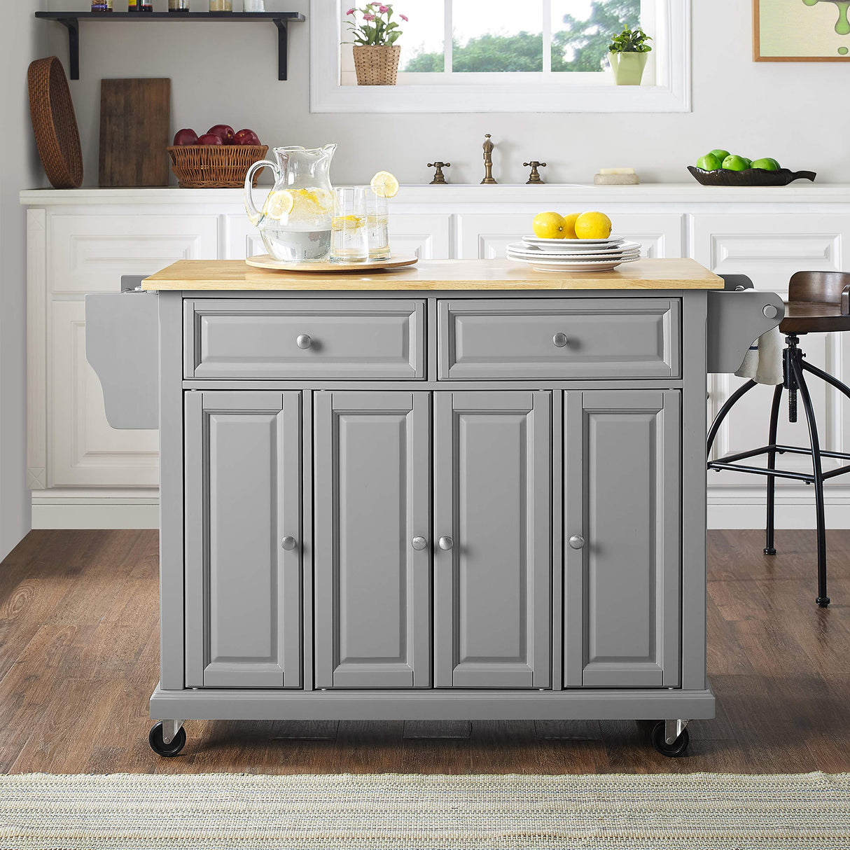 Crosley Furniture Full Size Wood Top Rolling Kitchen Island Storage Cart, Microwave Stand, Spice Rack, Gray Crosley Furniture