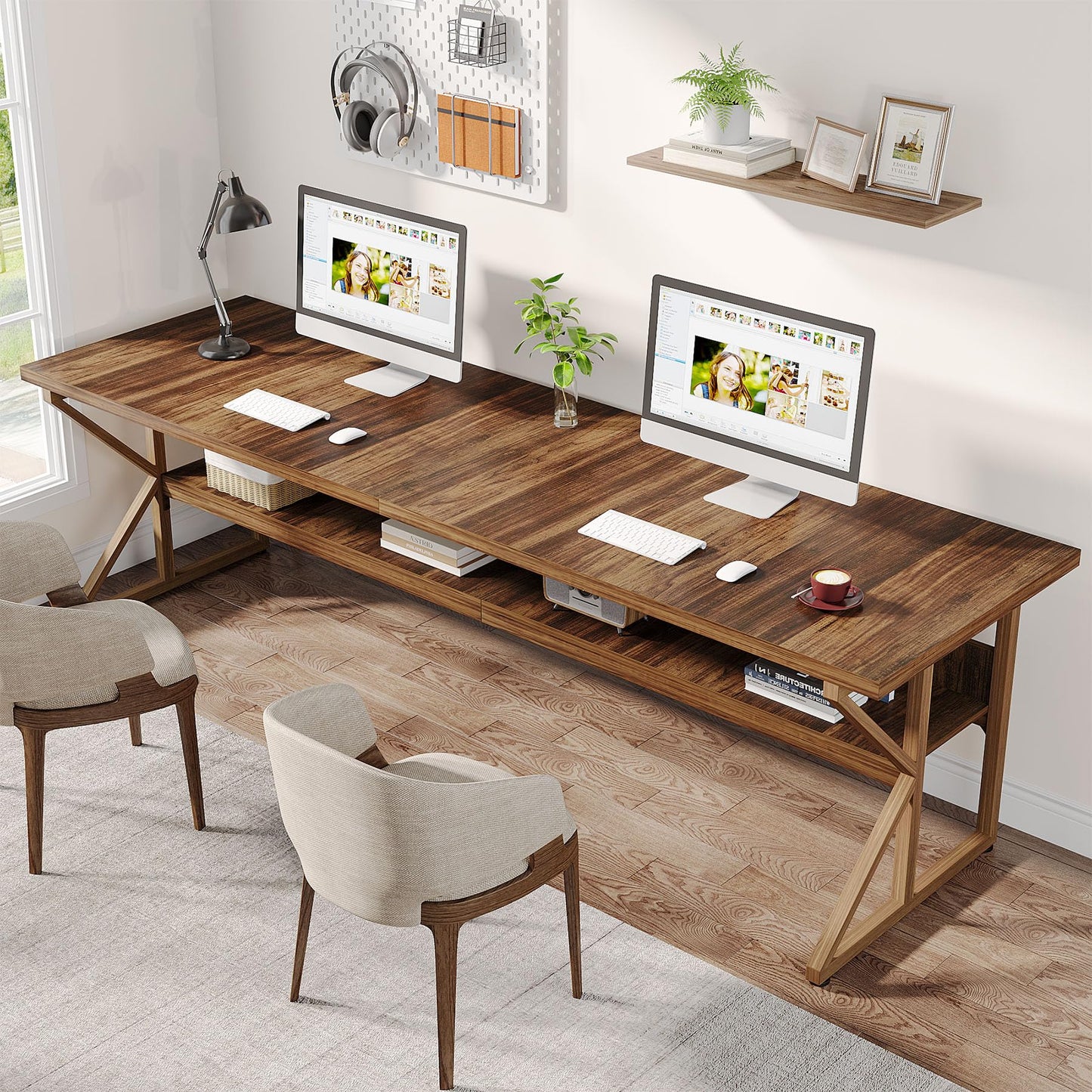 Tribesigns 79-Inch Extra Long Desk, 2 Person Desk with Storage Shelf, Large Computer Desk Double Desk Writing Table Desk for Home Office, Brown - WoodArtSupply