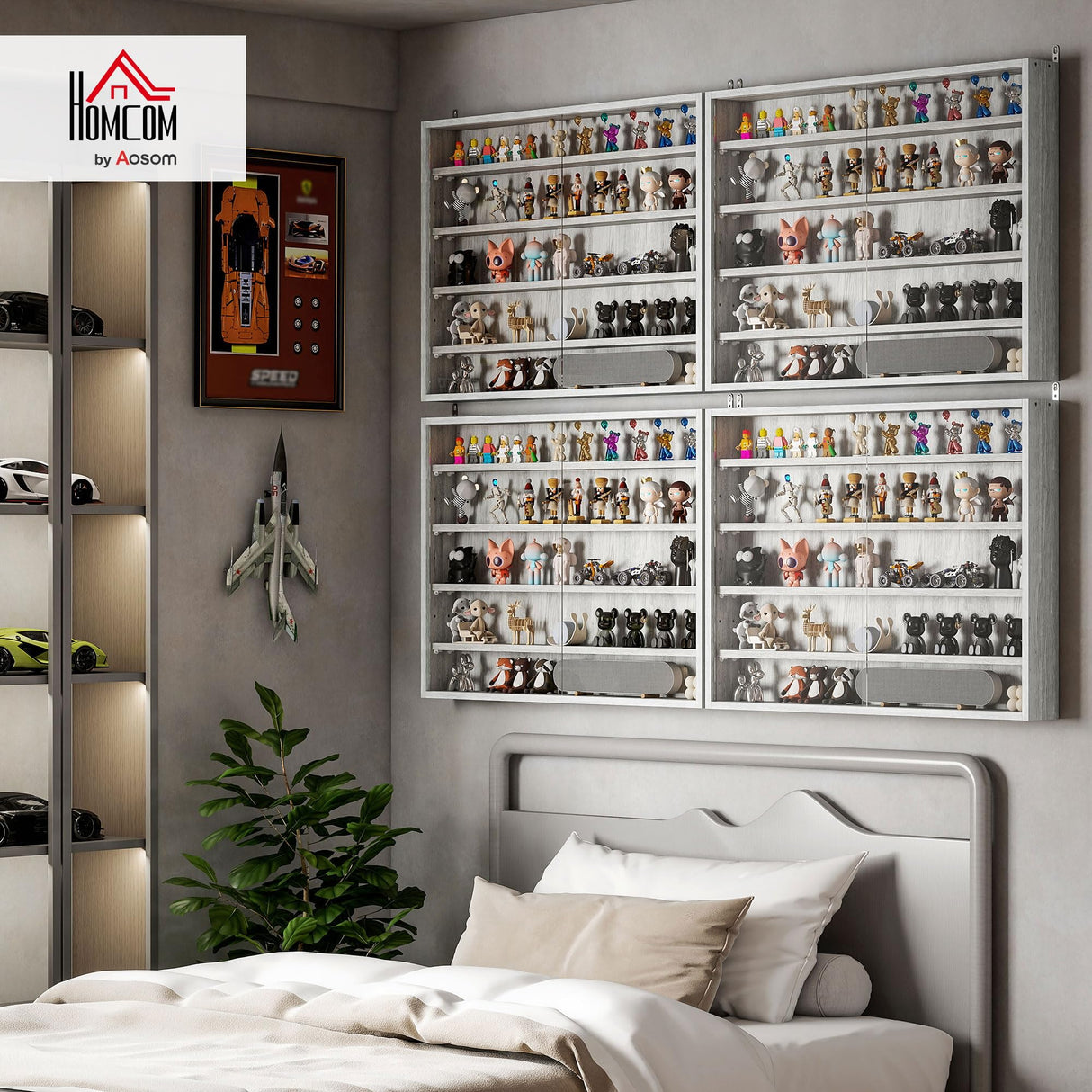 HOMCOM 5-Tier Display Cabinet, Glass Door Cabinet with Adjustable Shelves, Wall-Mounted Display Case for Playroom, Bedroom, Gray HOMCOM