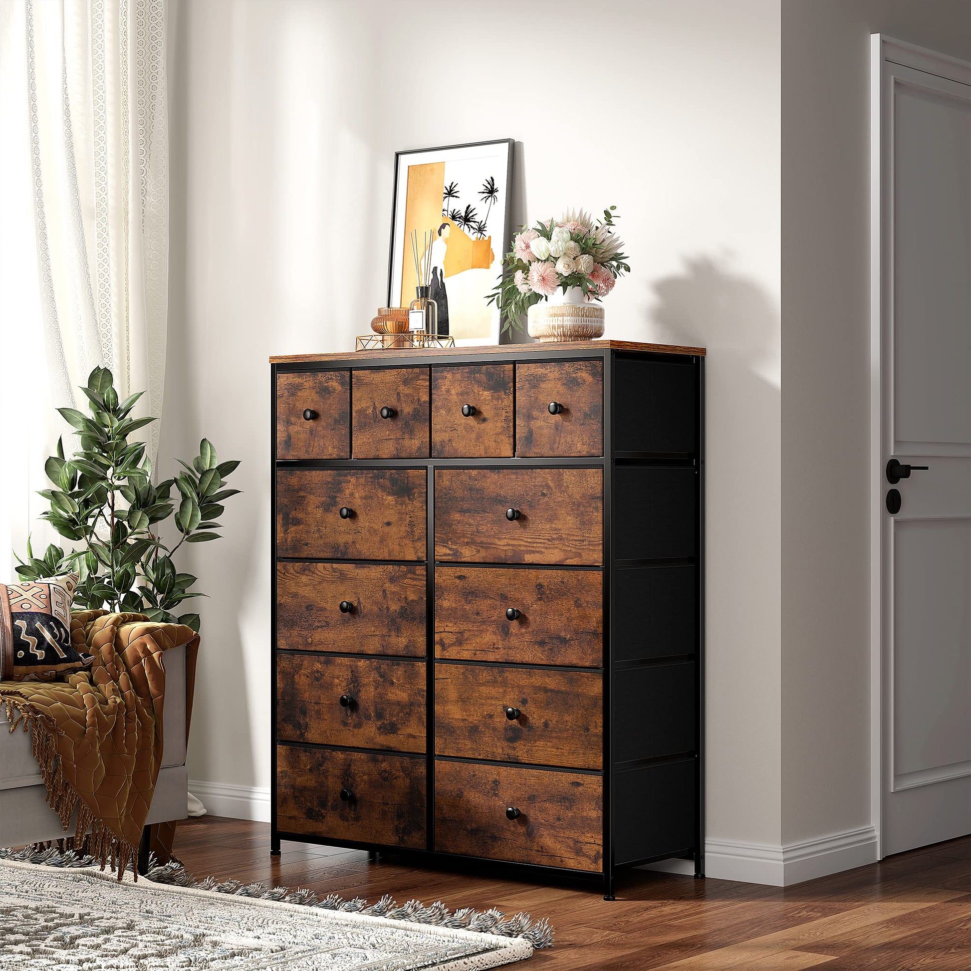 EnHomee Dresser, Dresser for Bedroom with 12 Drawers, Tall Dresser with Wooden Top and Metal Frame, Bedroom Dresser Dressers & Chests of Drawers Clearance, 40.6" W x 11.7" D x 43.7" H, Rustic - WoodArtSupply