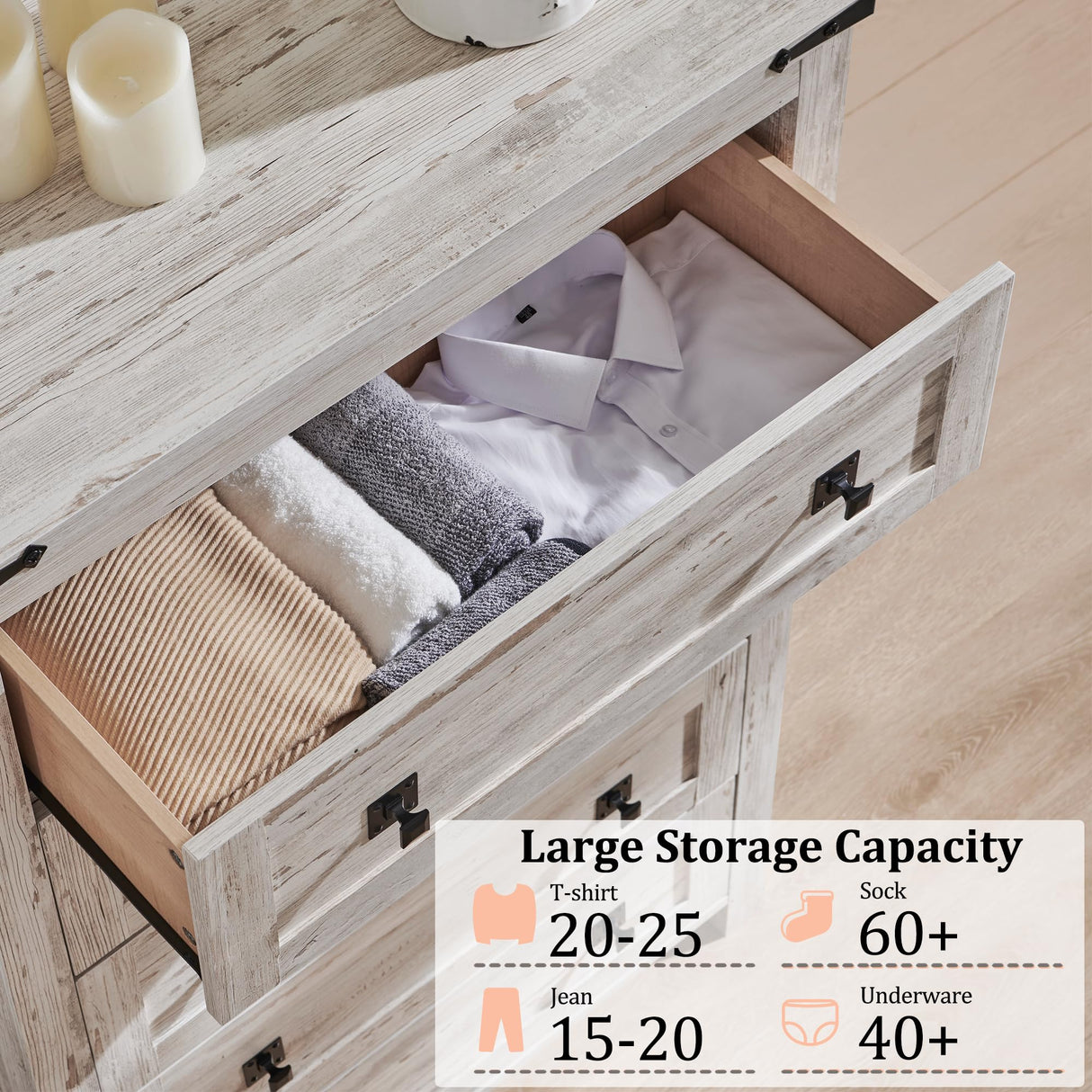 RedLemon Farmhouse 5 Drawer Dresser, 48" Tall Rustic Chest of Drawers, Wood Dresser for Bedroom, Living Room, Hallway, Antique Brush White RedLemon