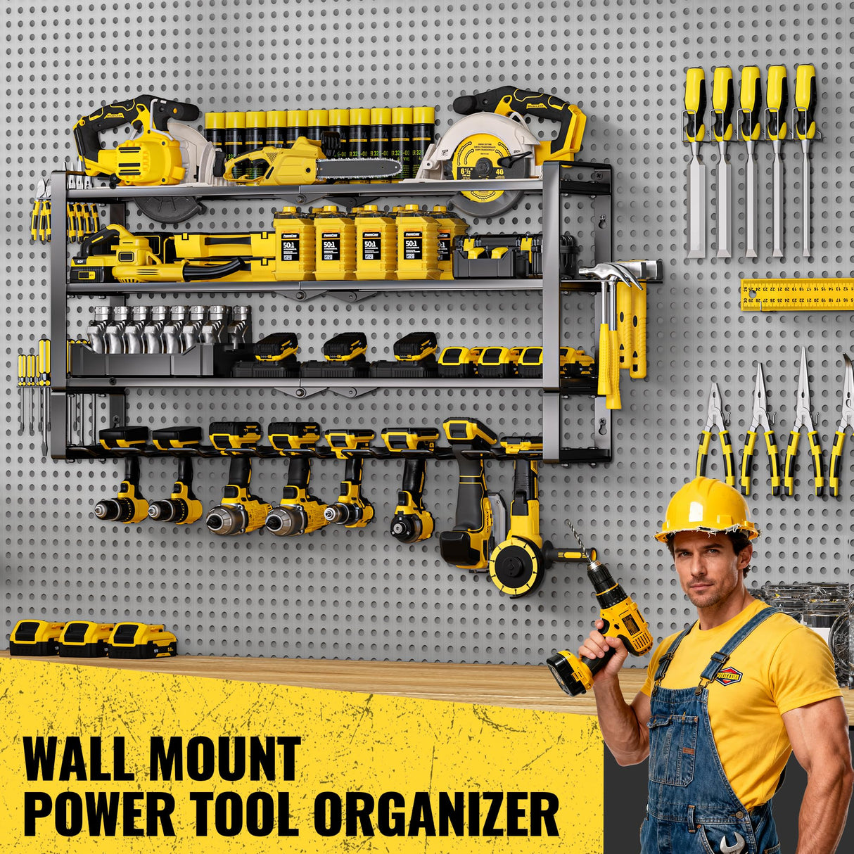 MOOMSINE 4 Layer Large Power Tool Organizer Wall Mount, Heavy Duty Metal Tool Storage Rack with 8 Cordless Drill Holder, Battery Tools Hanger with Charging Station Shelf for Garage Organization MOOMSINE