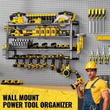 MOOMSINE 4 Layer Large Power Tool Organizer Wall Mount, Heavy Duty Metal Tool Storage Rack with 8 Cordless Drill Holder, Battery Tools Hanger with Charging Station Shelf for Garage Organization MOOMSINE