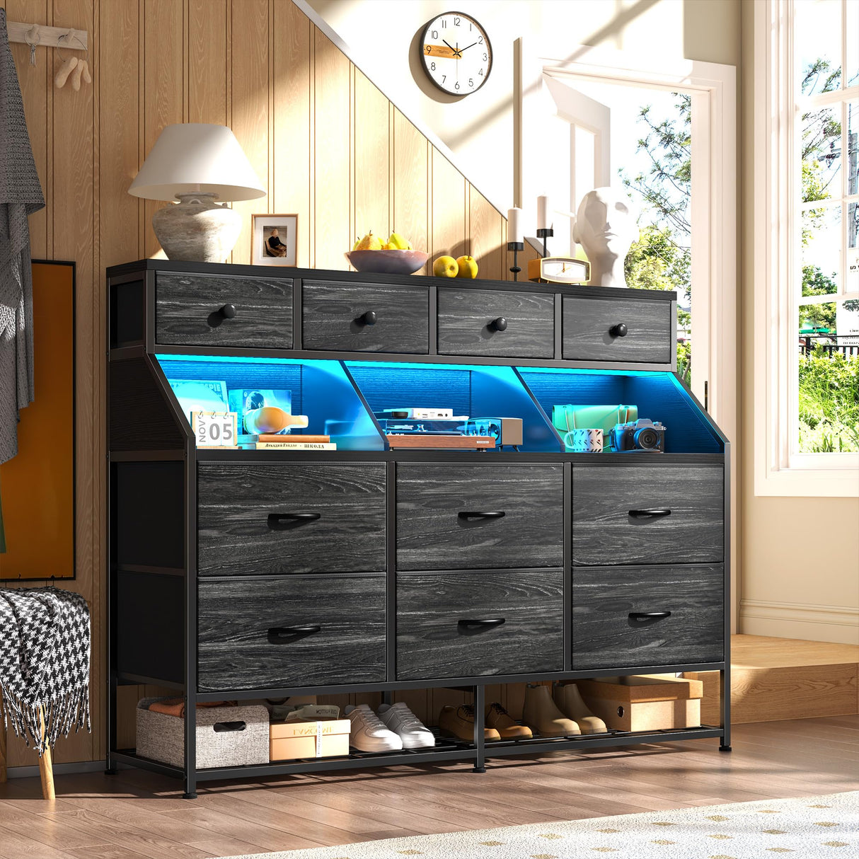 Dresser for Bedroom with 10 Drawers & Shoe Rack Fabric Dressers & Chests of Drawers with LED Lights and Power Outlets Bedroom Dresser for Entryway, Halfway, Closet (Charcoal Black) EnHomee
