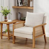 Awonde Ivory Accent Chair Linen Mid Century Modern Upholstered Living Room Chairs with Natural Rattan Arms Bedroom Reading Armchair Awonde