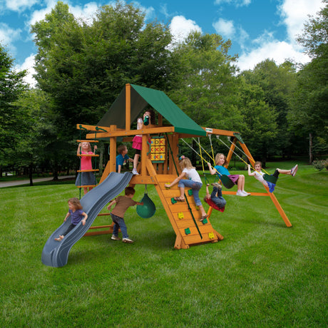 Gorilla Playsets 01-1033-GREY Ozark Wood Swing Set with Green Vinyl Canopy, Rock Wall, Swings, Punching Ball, and Grey Slide Gorilla Playsets