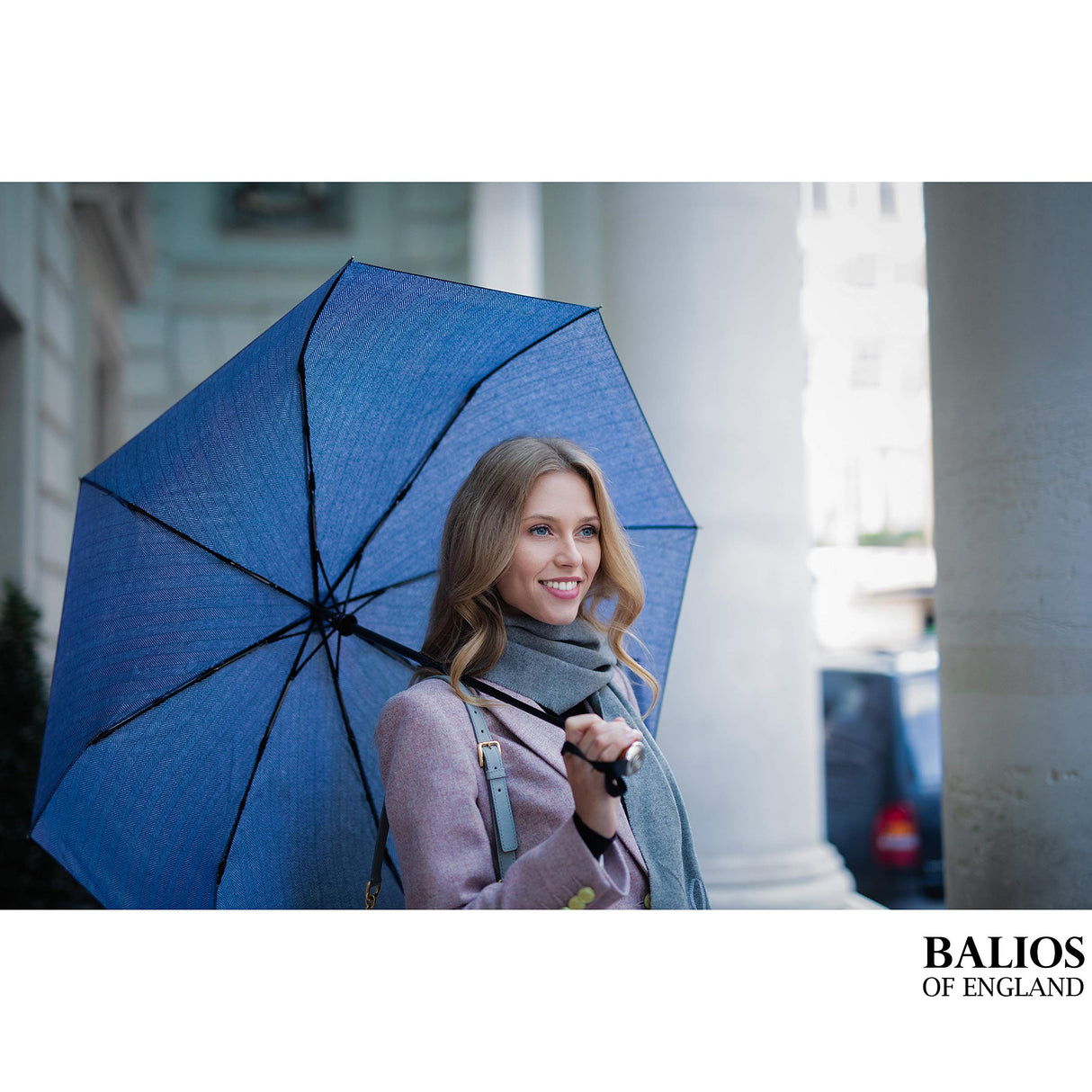 Balios (Designed in UK) Travel Umbrella Luxurious Golden Hardwood Handle Auto Open & Close Windproof Frame Single Canopy Automatic Folding Umbrella Men's & Ladies (Herringbone) Balios