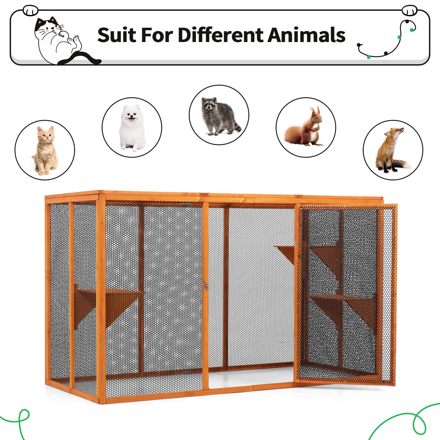 COZIVVOVV Wooden Cat House, Catio Outdoor Cat Enclosure, Large Cat Cage with 3 Platforms, Door and Asphalt Roof, Kitty Condo Indoor Playpen (Orange-New, Large) - WoodArtSupply