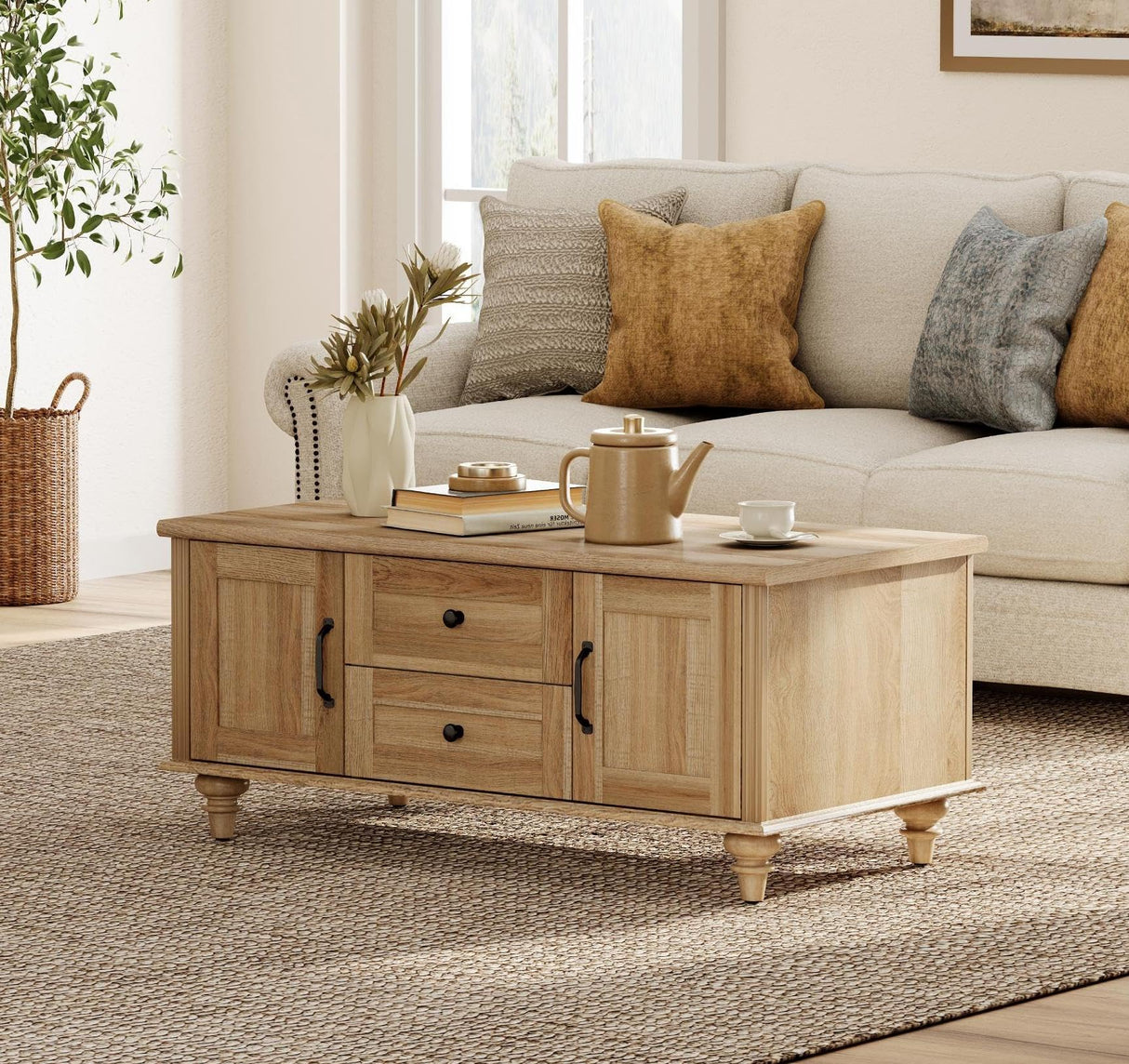 WAMPAT Farmhouse Coffee Table with Storage Cabinet, Wooden Coffee Tables for Living Room, Rustic Tea Table Rectangle Center Table with Drawers for Home, Oak WAMPAT