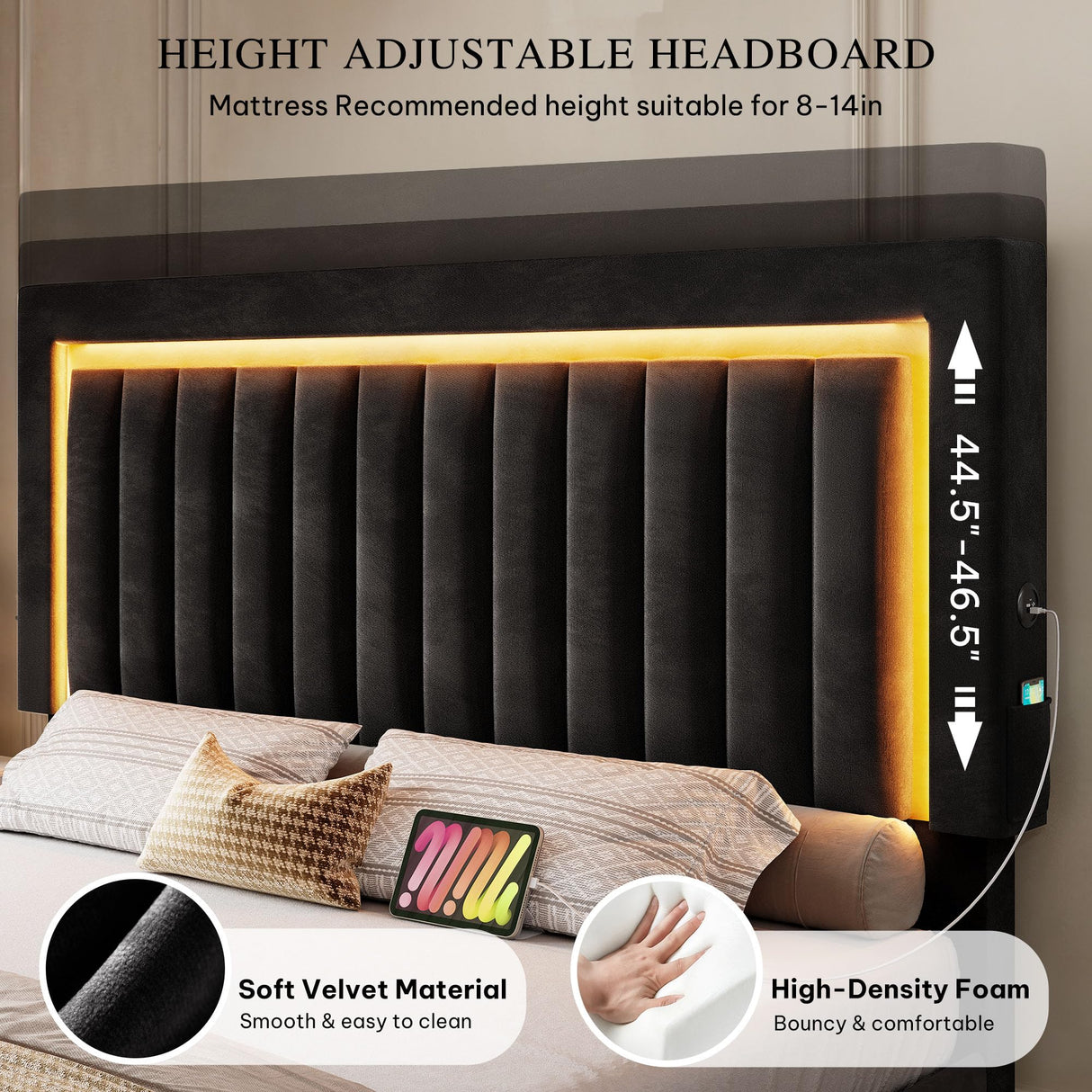 YITAHOME Queen Size Bed Frame with Adjustable Headboard, 4 Storage Drawers and RGB LED Lights, Velvet Upholstered Platform Bed with USB Ports, No Box Spring Needed, Fast Assembly, Noise-Free, Black YITAHOME