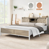 YITAHOME Farmhouse King Size Bed Frame with Headboard, Bookcase Storage Shelves, Sliding Barn Door, Charging Station, Rustic Wood Platform Bed, No Box Spring Needed, Oak YITAHOME