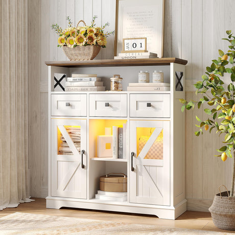 Maupvit Farmhouse Buffet Cabinet with Storage and LED Light, White Kitchen Pantry Cabinet, Cabinet Organizers and Storage, Storage Cabinet with Doors and Drawers, White Maupvit