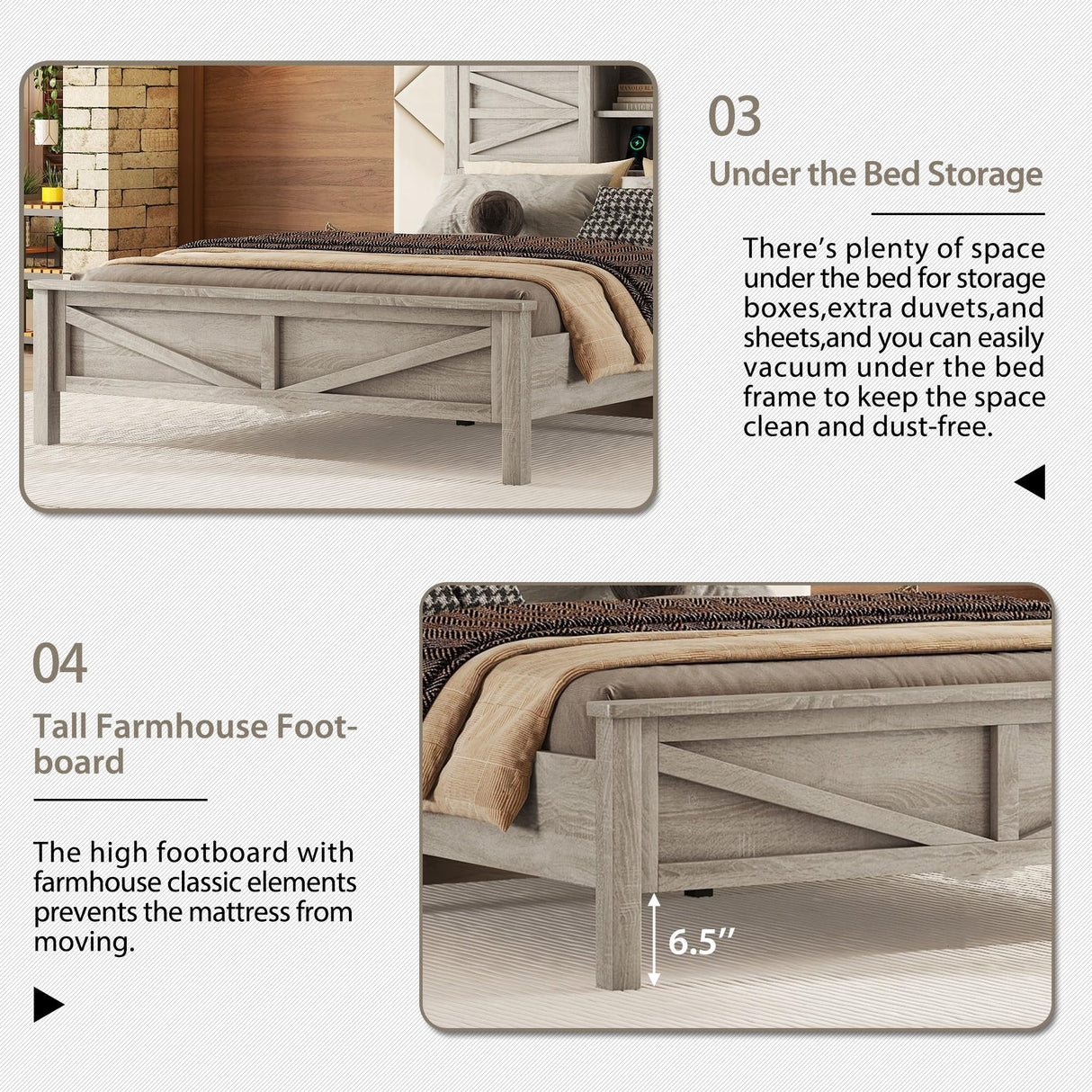 Farmhouse Full Size Bed Frame with Charging Station, Adjustable Headboard Shelves, and Sliding Barn Doors in Antique Gray Bellemave