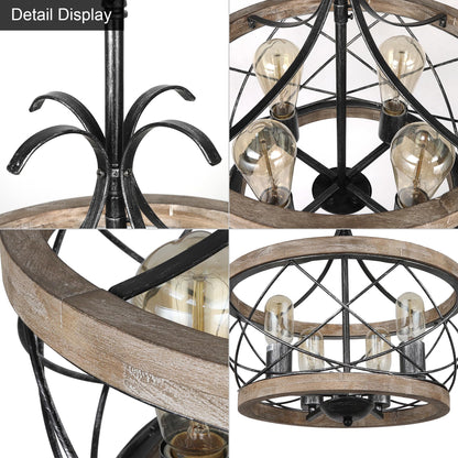 Sigaitwei Wood Farmhouse Chandelier Light Fixture, 4-Light Rustic Drum Chandelier,Black Vintage Chandelier for Dining Room Entryway Foyer Kitchen Island Hallway.E26,15.8”.