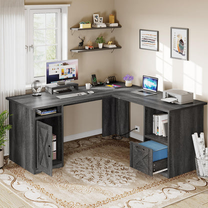 YITAHOME L Shaped Desk with Power Outlets, 60 Inch Computer Desk Corner Desk with File Drawer, Home Office Desk with Monitor Stand & Storage Shelves, L-Shaped Desk with File Cabinet, Grey - WoodArtSupply