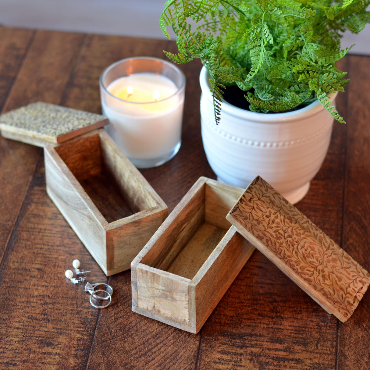 WHW Whole House Worlds Decorative Wood Boxes, Set of 2, CarvedLeaf and Vine Details, Removable Lids, Durable Brown Mango, 6 Inches WHW Whole House Worlds