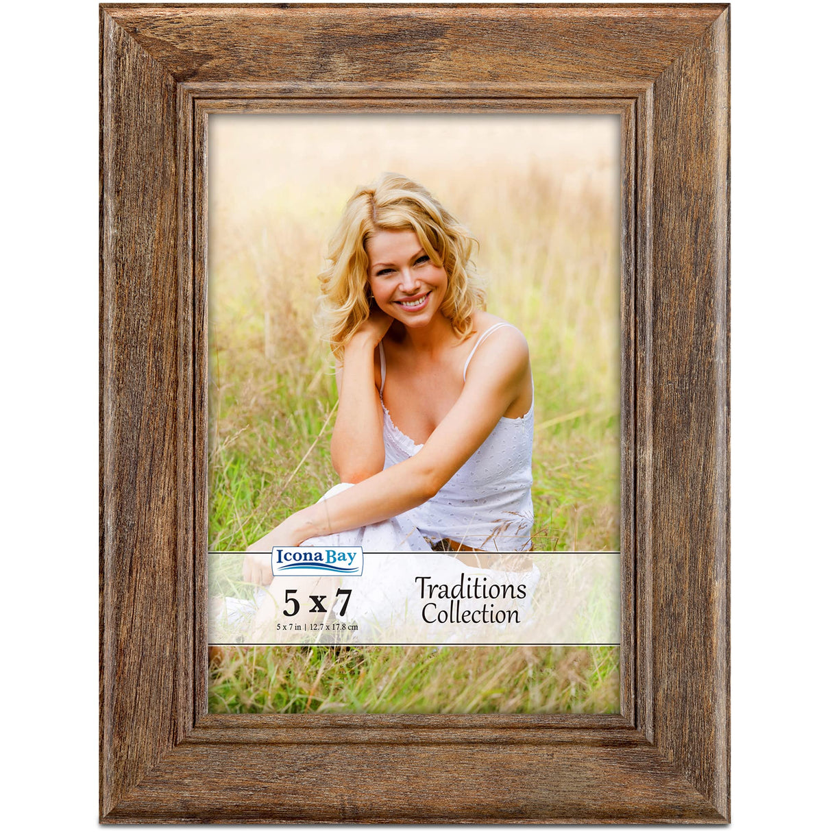 Icona Bay 5x7 Chestnut Brown Picture Frame, Rustic Wood Pattern, Lightly Distressed Frame for Table Top Display or Wall Mount, Traditions Collection Icona Bay