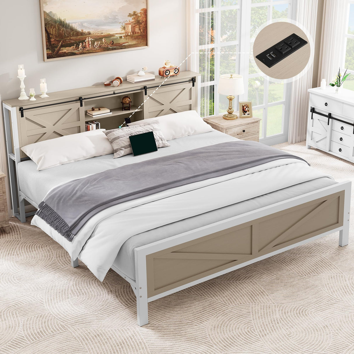 YITAHOME Farmhouse King Size Bed Frame with Headboard, Bookcase Storage Shelves, Sliding Barn Door, Charging Station, Rustic Wood Platform Bed, No Box Spring Needed, Oak YITAHOME