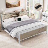 YITAHOME Farmhouse King Size Bed Frame with Headboard, Bookcase Storage Shelves, Sliding Barn Door, Charging Station, Rustic Wood Platform Bed, No Box Spring Needed, Oak YITAHOME