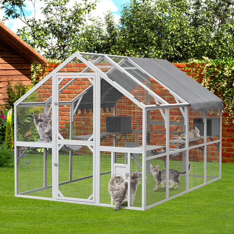 YOPTO 110" Outdoor Cat House Big Catio Wooden Cat Shelter Enclosure with Platforms,Upgrade Waterproof Cover,Large Spacious Interior,Two Small Sliding Doors,Grey&White YOPTO