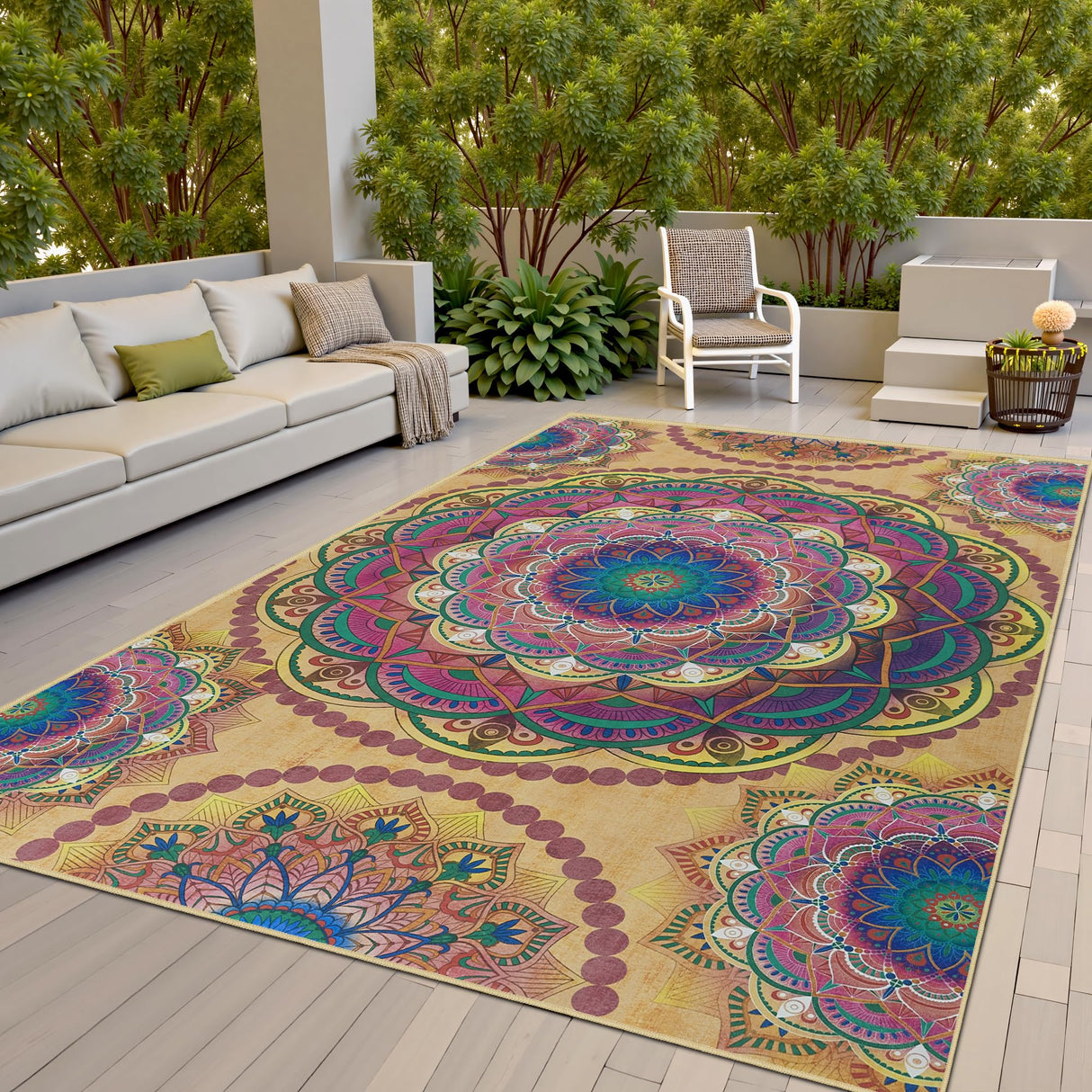 Arenarug Meditation Indoor Outdoor Rug 6x9 ft Mandala Pattern Rug Boho Style,Yoga Meditation Mat Picnic Rug for Patio Living Room Porch Garden Deck Backyard Easy to Clean Non Shedding Non-Slip Arenarug