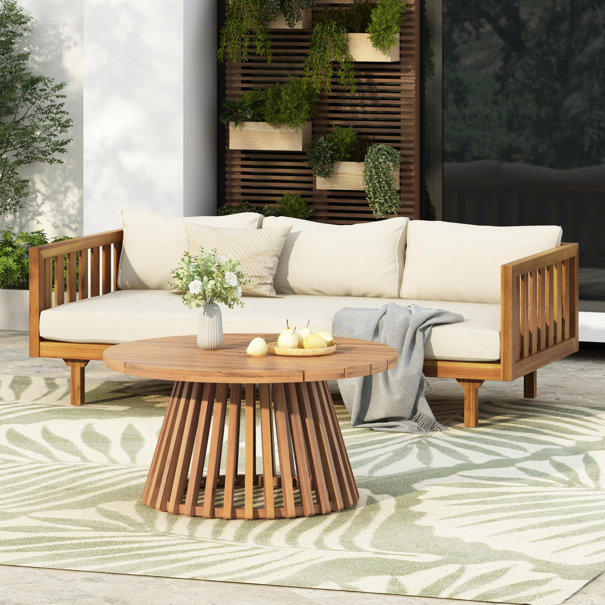 Merax Outdoor Acacia Wood Conversation Set - Patio 3-Seat Loveseat Sofa w/Coushion and Round Coffee Table for Backyard, Lawn, Balcony, Teak+Beige/Light Teak Merax