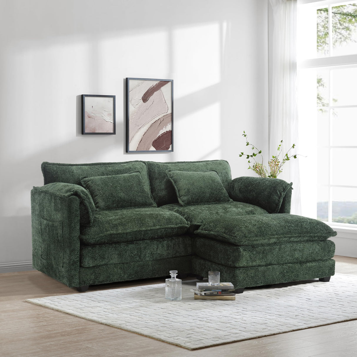 ZEIINPA L Shaped Sectional Sofa Cloud Couch for Living Room, 77" Chenille Comfy Boucle Modular loveseat Sofa, Modern Upholstery Sofa with Ottoman & Memory Foam, Emerald Green ZEIINPA