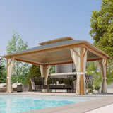 MELLCOM 12x16FT Hardtop Gazebo,Wooden Finish Coated Aluminum Patio Gazebo with Aluminum Composite Double Roof for Patio Lawn and Garden, Curtains and Netting Included MELLCOM