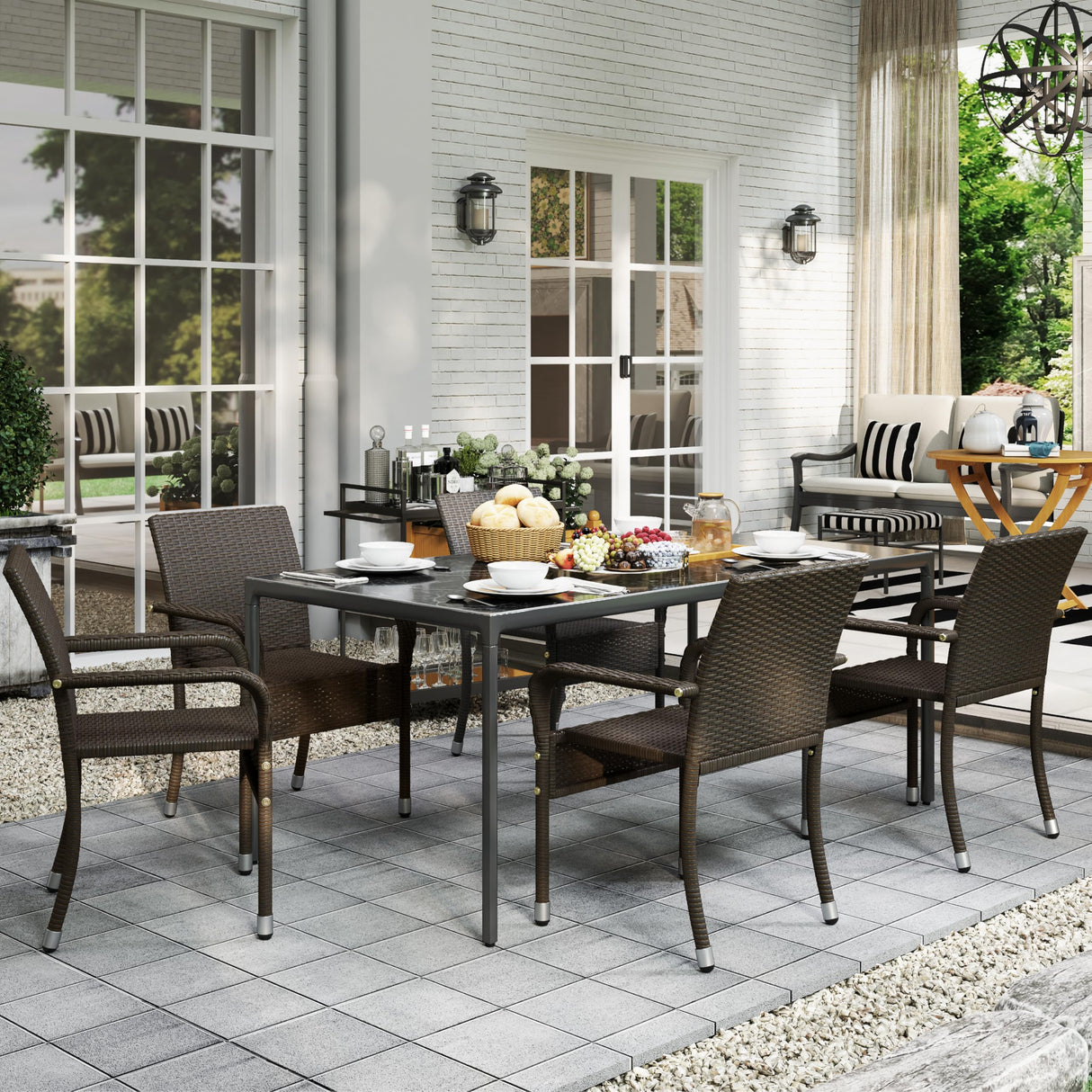 Yaheetech Set of 2 Stackable Outdoor Rattan Dining Chairs, All-Weather Armchair w/Armrests, Steel Frame for Garden, Patio, Deck, Yard, Poolside, Brown Yaheetech