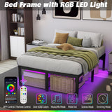 Full Size Bed Frame with LED Lights 14 Inch Platform Bed Frame Full with Charging Station Black Metal Mattress Foundation no Box Spring Needed Led Bed with Large Storage Space,Anti-Noise(Full) HusDream